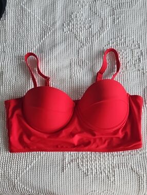 Red Longline Padded Bikini Top with Adjustable Straps